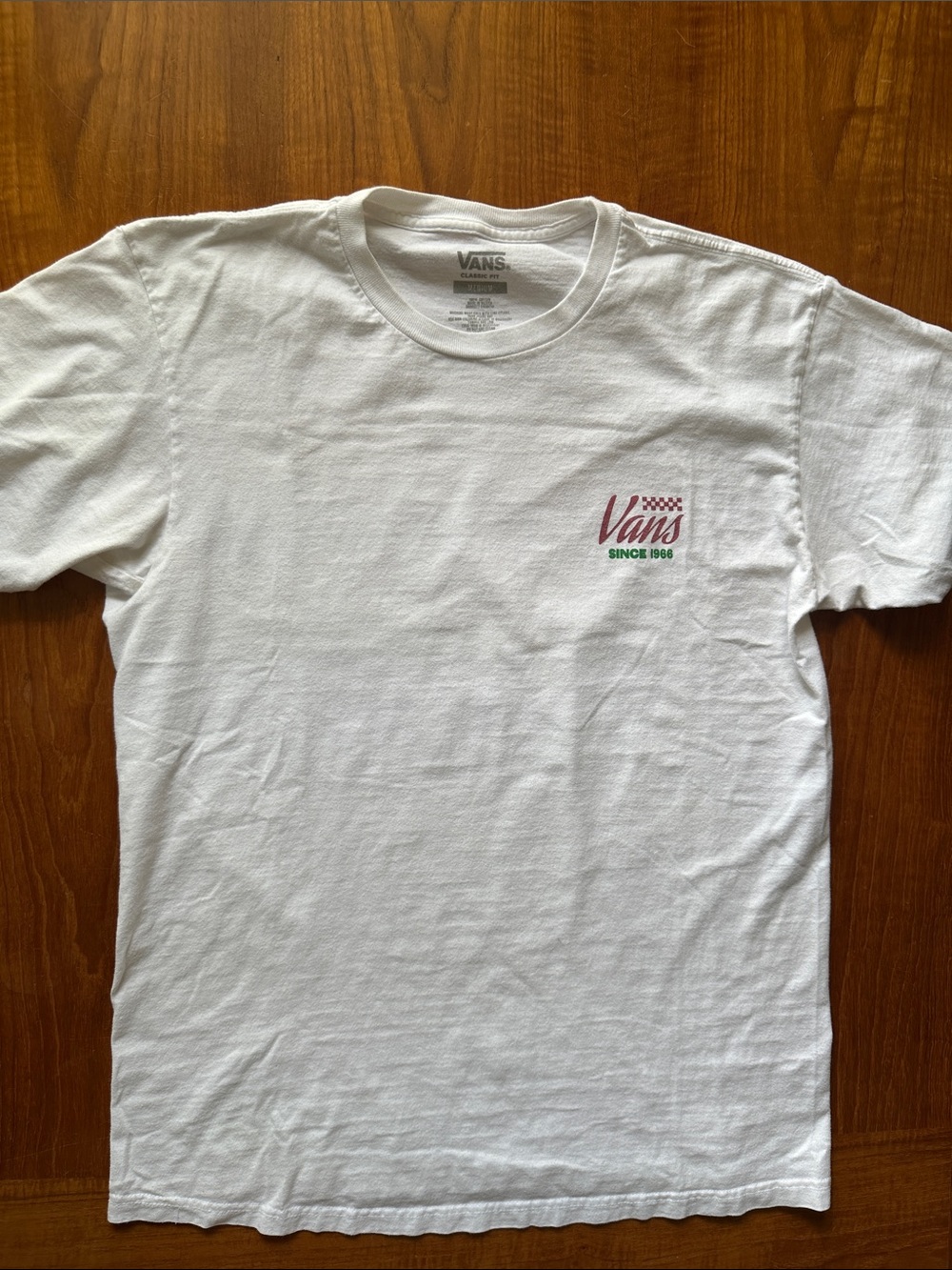 Vans White Short Sleeve Tee with Pink Logo and Green Accent